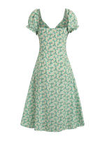 Vestido De Moda Para Mujeres Con Impresión Digital Y Abertura En El Centro Cuello En V Manga Puff Estilo Casual Largo Hasta La Rodilla - details 1