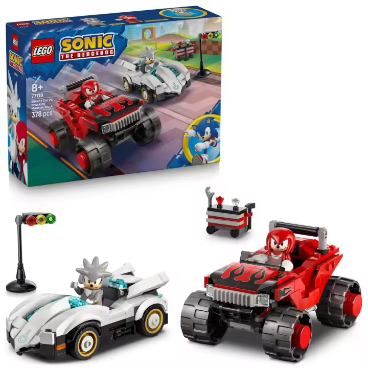 LEGO® 77118 Sonic the Hedgehog Coche de Silver vs. Monster Truck de Knuckles - Camión de Juguete con 2 Minifiguras y 2 Chaos Emeralds para Niños y Niñas de 8+ Años - 1