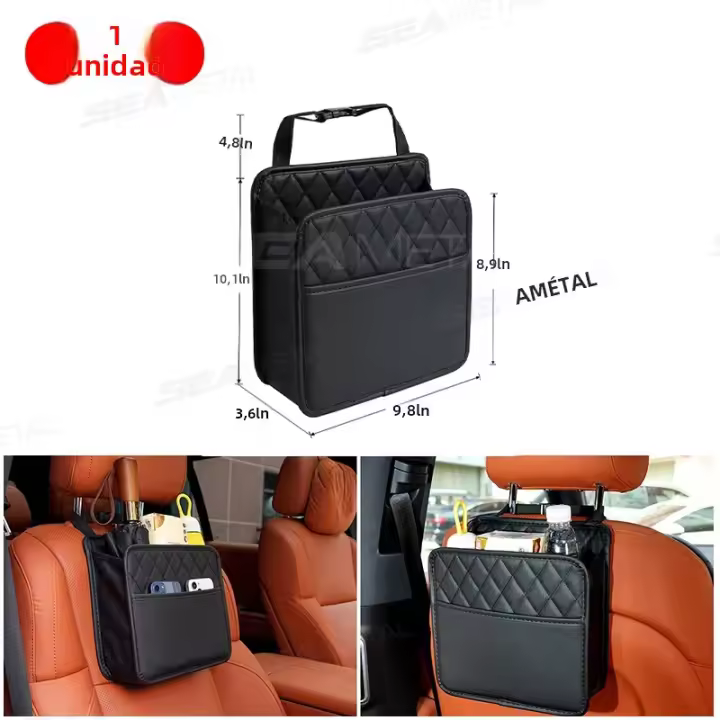 Organizador De Asiento Del Coche SEAMETAL Universal Bolsa De Almacenamiento Plegable Para Teléfono Paraguas Pañuelo Portátil De Cuero PU Negro Resistente Al Agua - 1