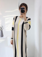 Vestido De Mujer REALEFT Otoño Invierno Grueso Vintage Rayado Suéter De Punto Manga Larga Cintura Alta Cuello Redondo Suéter De Moda Oficina Lady - details 8