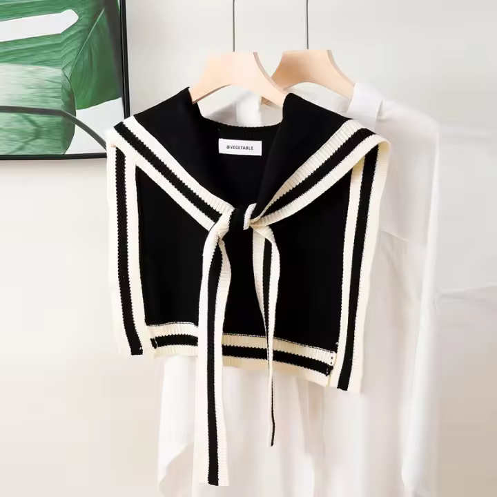 Chal De Punto De Poliéster Hecho a Mano Para Mujer Estilo Preppy Con Rayas Contrastantes Para Primavera Y Otoño - 1