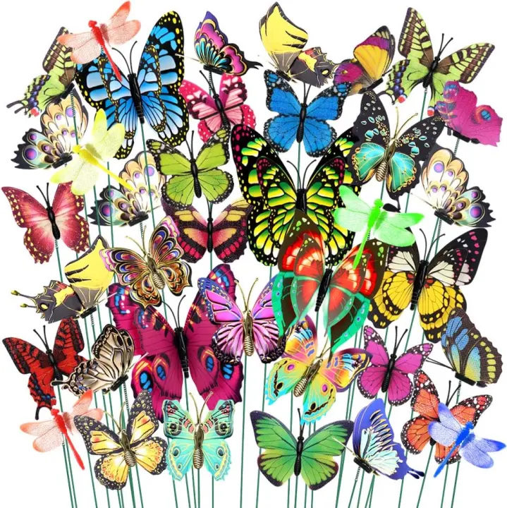 48 piezas de estacas de mariposas y estacas de libélulas para adornos de jardín, decoraciones de jardín de mariposas impermeables para interiores y exteriores - 1