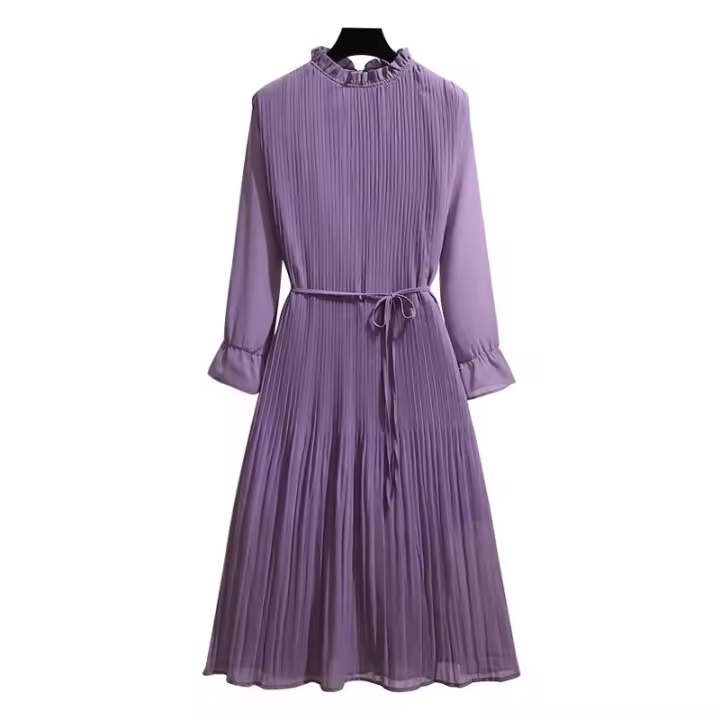 Vestido De Mujer Largo Rodilla Elegante En Chiffon Con Cuello Volante Y Cierre De Encaje Purple A-Line Moda Coreana Para Mujeres - 1