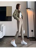 Pantalones De Trabajo Mujer Estilo Casual Cintura Alta Botones Talla Grande Color Caqui Largo Hasta El Tobillo Trasero Ancho - details 7