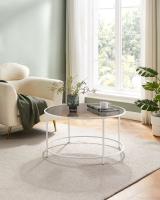Mesa de centro redonda de cristal y acero, elegante para salón y café, disponible en negro o blanco perla, diámetro 84 cm - details 1