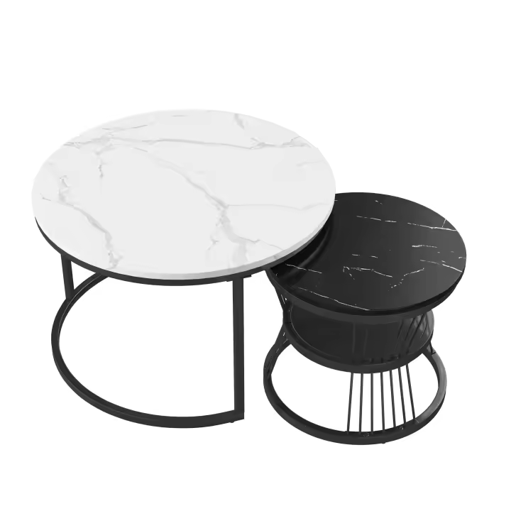 Set 2 Mesas Centro 70/45 cm Mármol Blanco Negro, Mesas Nido MDF Modernas - 1