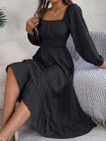 Vestido Largo Elegante De Verano Con Cuello Cuadrado Y Mangas Largas Para Damas De Honor Vestido De Mujer Con Borde Volante Y Cintura Alta - details 4