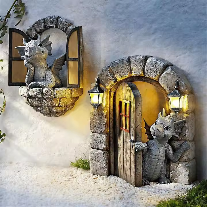 2 Unidades de Estatuas de Dragón para Decoración de Jardín - Resina - Modelo W110 - Color Como Se Muestra - 1