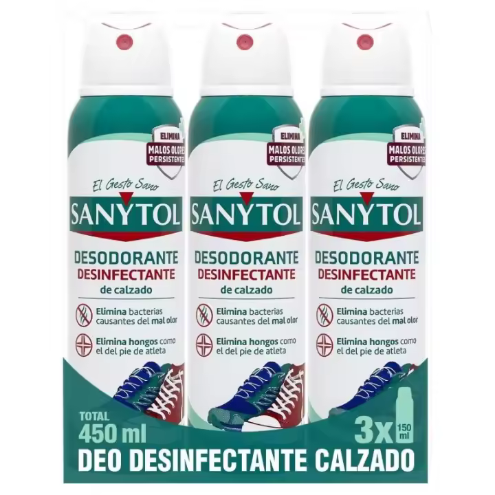 Sanytol - Desodorante Desinfectante de Calzado, Elimina bacterias del Mal Olor y hongos en el Calzado, Sin Lejía, Para Todo Tipo de Calzado - Pack 3 x 150 ml = 450 ml - 1