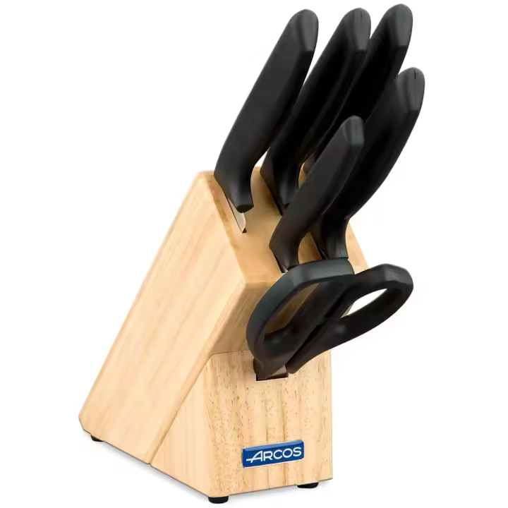 ARCOS Niza - Taco de Cuchillos (5 Cuchillos + Tijeras) - Hoja de Acero Inoxidable Nitrum® - Mango Negro de Polipropileno (PP) - Taco de Madera - Caja   Regalo - 1