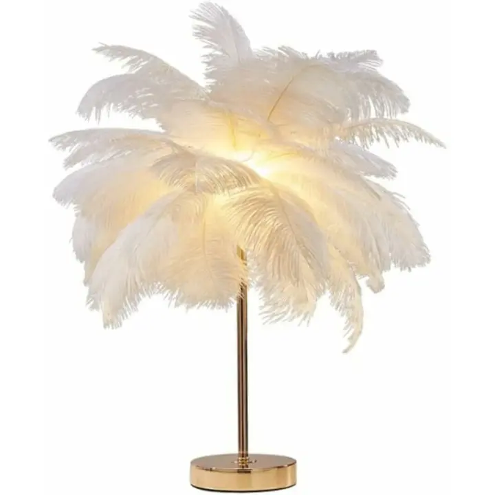 Rubberskin Créatif Blanc Plume Dautruche Lampe De Table Lampe De Chevet Lumière Luxe Et Élégant Abat-Jour Veilleuse Éclairage De Table, Recargable, Blanc - 1