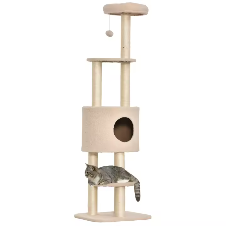 PawHut Árbol Rascador para Gatos Altura 148 cm Árbol para Gatos Torre para Gatos con Postes de Sisal 3 Plataformas Casita y Bola Colgante - 1