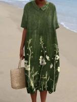 Vestido Midi De Algodón Y Lino Sólido Para Mujer Estilo Casual Verano Manga Corta Cuello En V Vestido De Playa Vacaciones - details 6