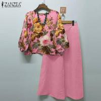 ZANZEA Conjunto De Blusa Y Pantalones Bohemio De Mujer Estampado Floral Otoño 2024 Traje De Pierna Ancha Estilo Vintage Polyester - details 2