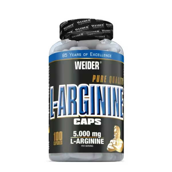Weider - L-Arginine Caps - 100 caps. - Apoyo al óxido nítrico y la circulación - 100 cápsulas de L-Arginina - Mejora la vasodilatación y el flujo sanguíneo. - 1