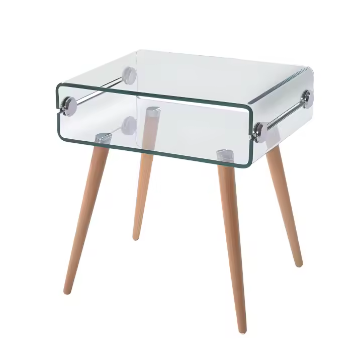 Mesa Auxiliar De Cristal Curvado Y Patas De Madera Macizo - 55x 40 cm - DECOLUNAHOME - 1