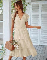Vestido Largo Medio De Verano Para Mujer Con Manga Volante Y Cuello V Estilo Casual Suelto A-Line Sin Capucha Material Viscosa Y Poliéster - details 3