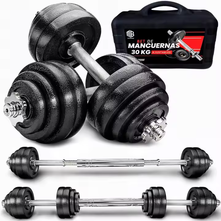 ManiBoom Maletin Pesas y Mancuernas Ajustables de HIERRO ANTIDESLIZANTES - Mancuernas 10kg 15kg 20kg 30kg 40kg 50kg con Barra Regulables y Cierre de SEGURIDAD - Kit de Ejercicio Gym en Casa - 1