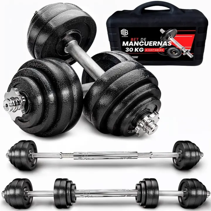 ManiBoom Maletin Pesas y Mancuernas Ajustables de HIERRO ANTIDESLIZANTES - Mancuernas 10kg 15kg 20kg 30kg 40kg 50kg con Barra Regulables y Cierre de SEGURIDAD - Kit de Ejercicio Gym en Casa - 1