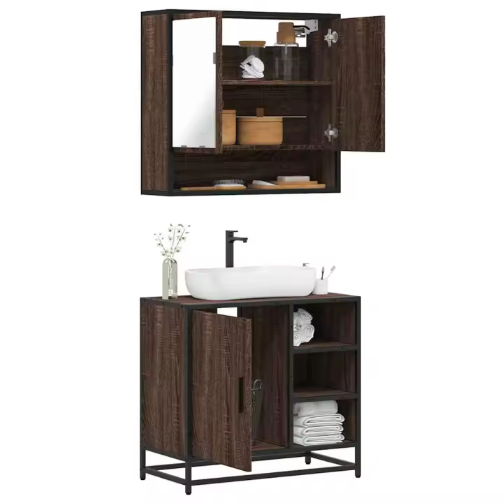 vidaXL Set de muebles baño 2 pzas madera contrachapada en color Roble ahumado/Marrón roble/Gris sonoma y más | almacenamiento funcional diseño moderno para baño dormitorio sala - 1