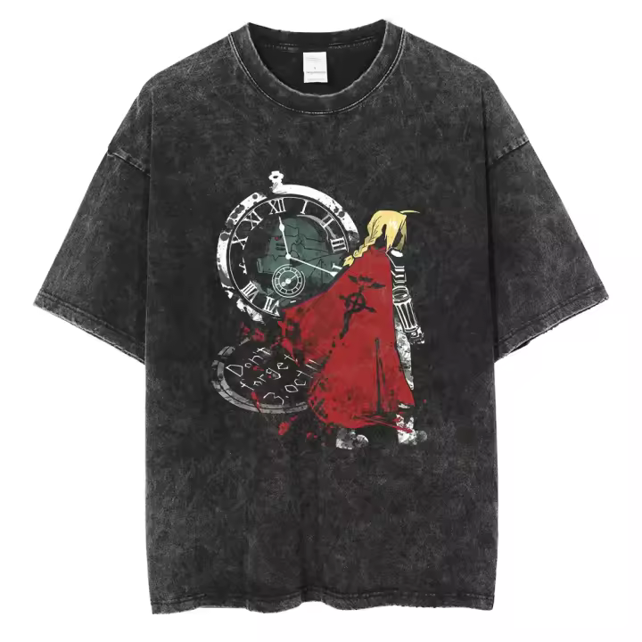 Camiseta De Algodón Casual De Verano Con Impresión De Anime Japonés FULLMETAL ALCHEMIST Vintage Washed Estilo Callejero Para Hombres Sin Capucha Cuello Redondo - 1