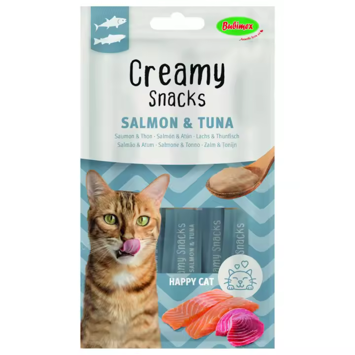 Bubimex Snack Cremoso Gatos Felices Salmon y Atun 4x60g - Delicioso snack cremoso para gatos feliz con salmón y atún, ¡4 bolsas de 60g cada una! - 1