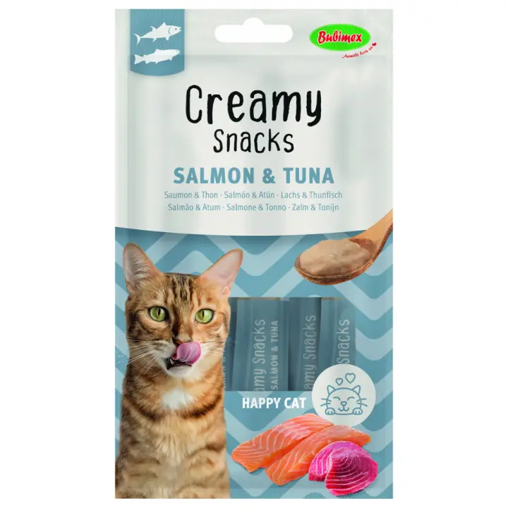 Bubimex Snack Cremoso Gatos Felices Salmon y Atun 4x60g - Delicioso snack cremoso para gatos feliz con salmón y atún, ¡4 bolsas de 60g cada una! - 1