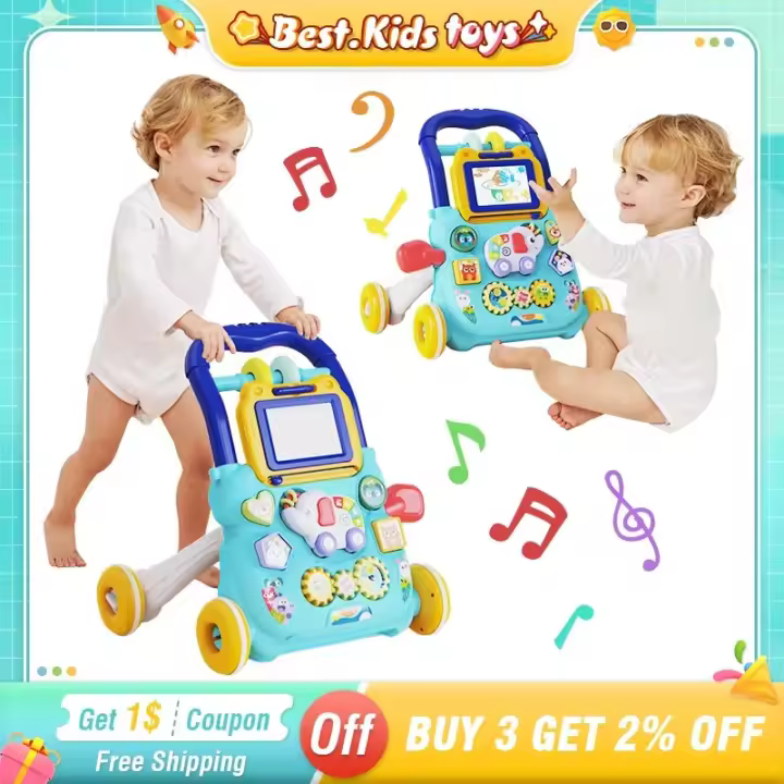Tablero de dibujo de elefante, andador para bebé con carrito de música con ruedas, juguete educativo, andador antivuelco para niños, andador multifuncional para bebé, andador antivuelco para recién nacidos (dos colores disponibles) - 1