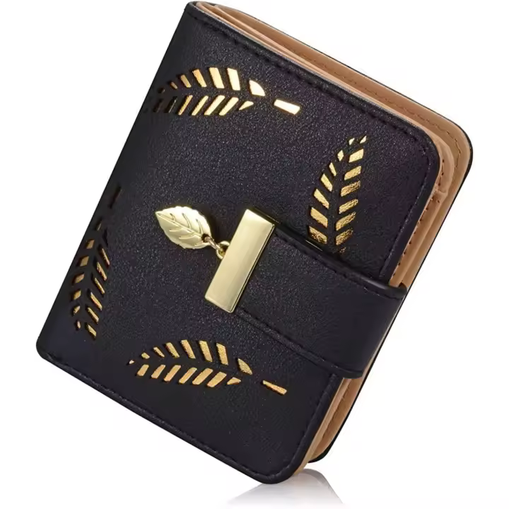 Monedero para Mujer, Pequeño Monedero de cuero plegable para Mujer, Bolso de mano con tarjetero para efectivo, Identificación y Crédito, Diseño de Hojas huecas, monederos veganos para Mujer, monederos, Bolsas para dinero - 1