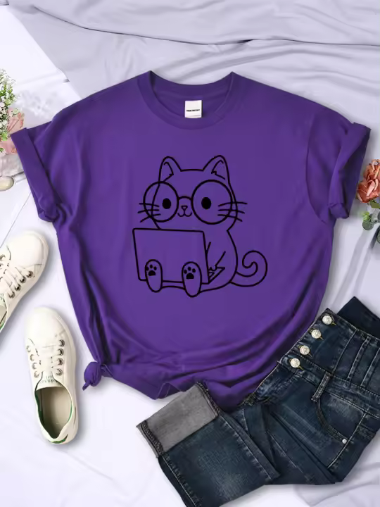Camiseta De Mujer Con Dibujos De Gatos En Estudio Moda Casual Verano Manga Corta Creativa Personas T-Shirt Camisetas Para Jóvenes - 1