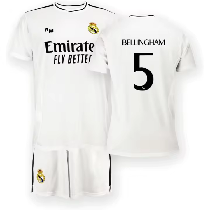 Real Madrid Conjunto Camiseta y Pantalón Bellingham 5 - Temporada 2024-2025 - Réplica Oficial Autorizada con Licencia - Niño - 1