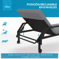 Outsunny Tumbona de Ratán Chaise Longue de Jardín con Respaldo Ajustable en 5 Posiciones Cojín Acolchado y 2 Ruedas Carga 120 kg 73x200x48 cm - details 3