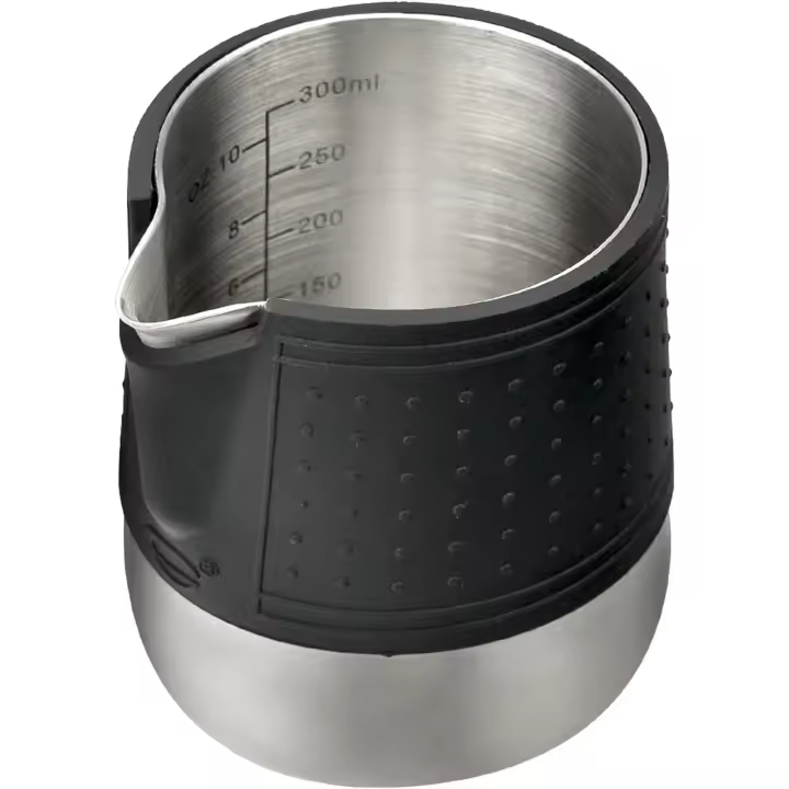 Jarra para espumar leche, jarra vaporizadora de leche de acero inoxidable de 12 oz con pico redondeado, jarra para leche espresso con almohadillas de agarre de silicona resistentes al calor, máquina de espresso, arte latte, color plateado - 1