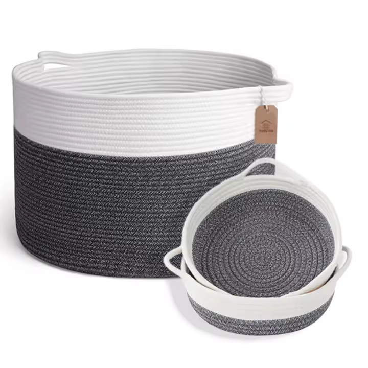 Cesta para Guardar Mantas 50x33cm, Cesto Ropa Sucia, Cesta de Almacenaje de Cuerda, Cesta Organizadora Grande para Decoración del Hogar, Cesta de Almacenaje de Juguetes, Gris/Blanco - 1
