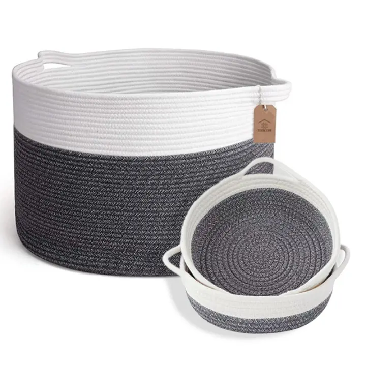 Cesta para Guardar Mantas 50x33cm, Cesto Ropa Sucia, Cesta de Almacenaje de Cuerda, Cesta Organizadora Grande para Decoración del Hogar, Cesta de Almacenaje de Juguetes, Gris/Blanco - 1