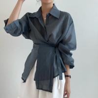 Camisa Casual Para Mujer Suelta Con Cinturón Y Cuello En V Vintage De Manga Larga Transpirable Para Oficina Y Uso Diario - details 14