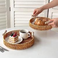 Bandeja De Alimentos De Plástico Tejida a Mano En Rattan Para Frutas Verduras Pasteles Forma Redonda Cesta De Almacenamiento Con Mango - details 2