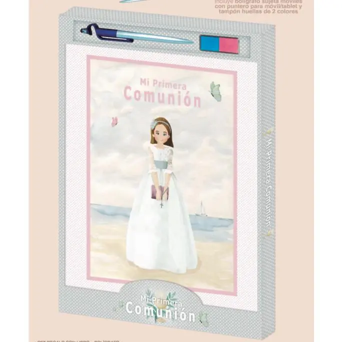 LIBRO NIÑA PLAYA PRIMERA COMUNIÓN FIRMAS, ALBÚM CON BOLIGRAFO Y TINTA PARA HUELLAS - 1