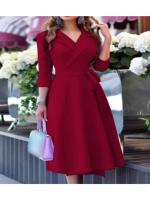 Vestido A-Line De Mujer Con Cuello En V Cintura Ajustada Estampado Slim Fit Manga Regular Vestido De Moda Con Cinta Decorativa Largo De Rodilla Oficina Elegante - details 4