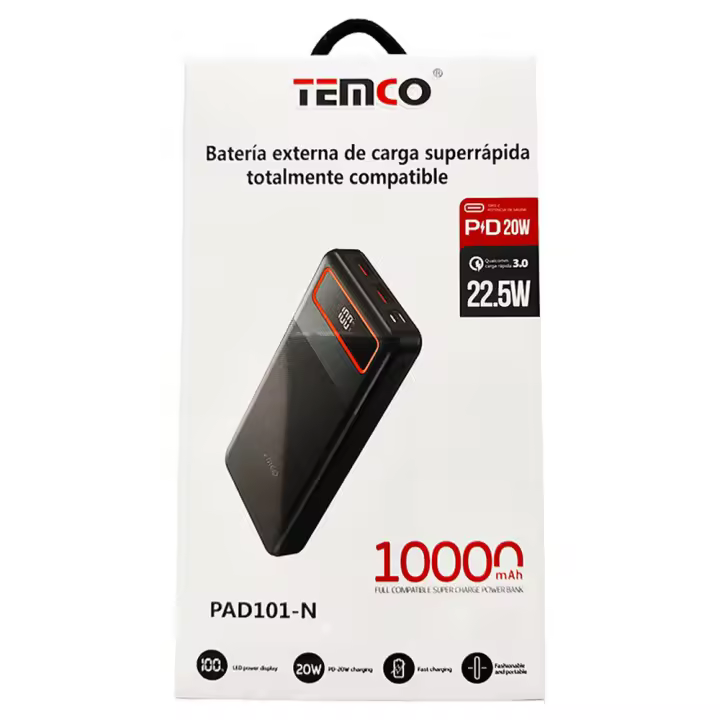 Temco Batería externa 10000mah carga rápida 22.5w - 1