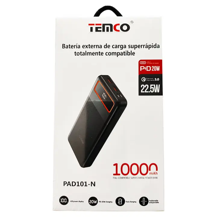 Temco Batería externa 10000mah carga rápida 22.5w - 1