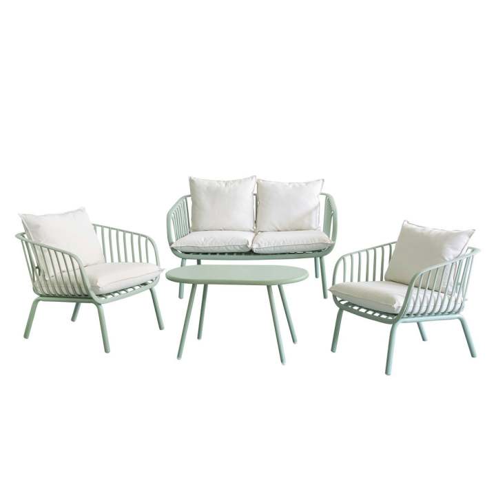 Conjunto de jardín Vione con sofá, mesa ovalada y 2 sillones, desenfundable, de resina y fibra de vidrio LOLAhome