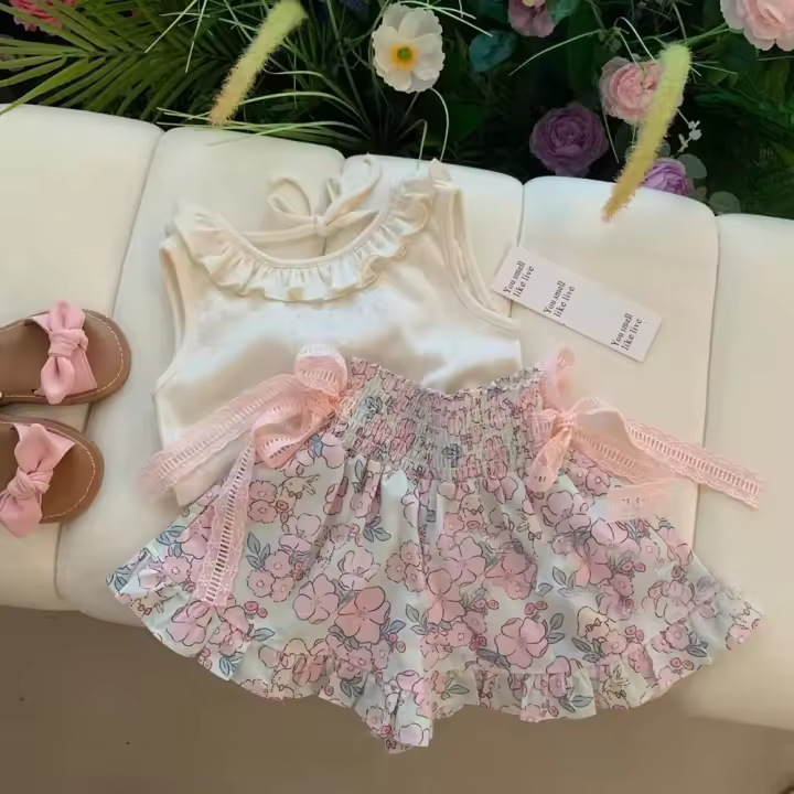 Conjunto De Ropa Para Bebe Niña Bear Leader Verano Sin Mangas With Encaje Y Bow Flower Print Shorts Estilo Casual Material Algodón Y Poliéster - 1