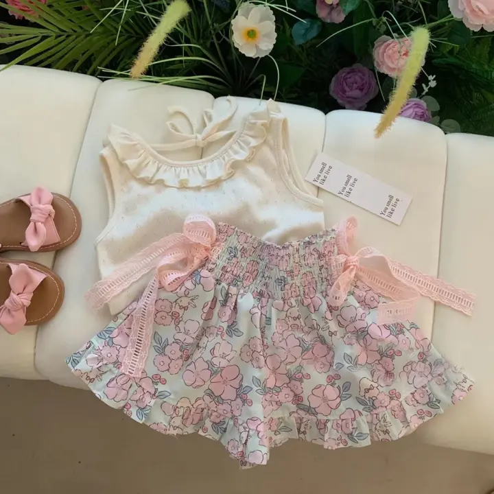 Conjunto De Ropa Para Bebe Niña Bear Leader Verano Sin Mangas With Encaje Y Bow Flower Print Shorts Estilo Casual Material Algodón Y Poliéster - 1