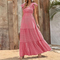 Falda Larga Bohemia Con Estampado Floral Vuelta En V Cintura Alta Para Fiesta Primavera Otoño Mujer Elegante Y Fluidez - details 4