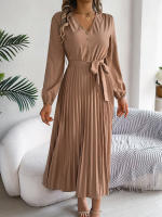Vestido Elegante De Mujer Con Botones Y Cuello En V Manga Larga Plegado Con Cierre De Lazo Estilo Casual A-Line Para Primavera/Otoño - details 9