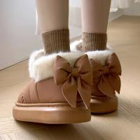Botas De Tobillo Lindas Y Cálidas Para Mujer Con Lazo De Plush Nueva 2024 Impermeables Con Algodón Y Peluche Para Invierno Estilo Sexy Sin Tacón - details 0