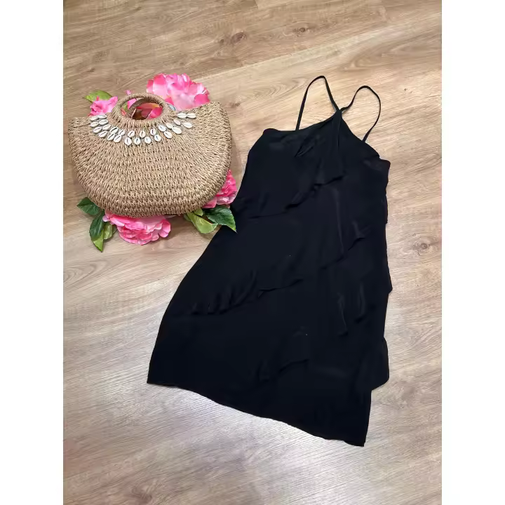 Vestido corto negro para mujer, estilo boho y casual, con volantes y tirantes finos, ligero y sexy, ideal para verano, vacaciones, playa, cenas o eventos informales, look fresco y elegante - 1