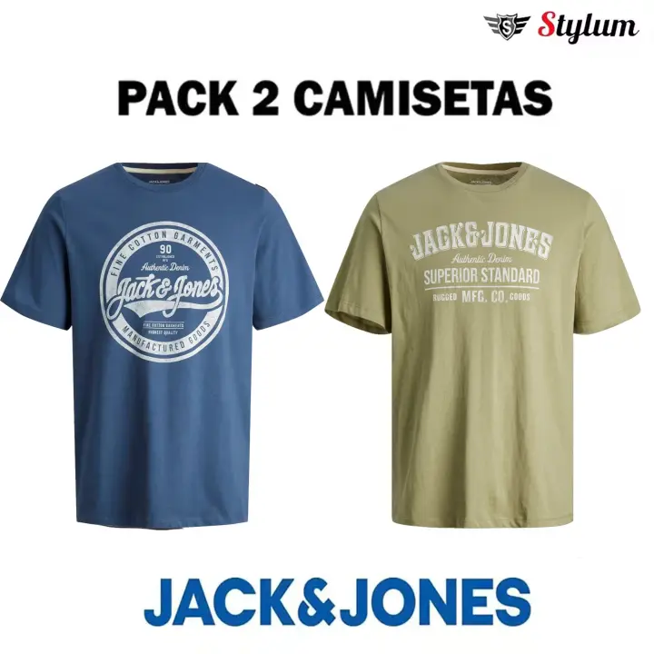 Jack & Jones Hombre Pack 2 Camisetas de Algodón Logo estampado Ajuste Regular Fit  Moda Casual Informal - 1