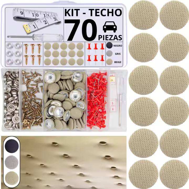 Assure Aura Kit 70 Chinchetas Techo Coche + 70 Pasadores Rojos + 1 Destornillador + 1 Cinta Métrica - Ideal para Reparar Techo Caido Coche - Parte Esencial de Tus Accesorios Coche(Beige) - 1
